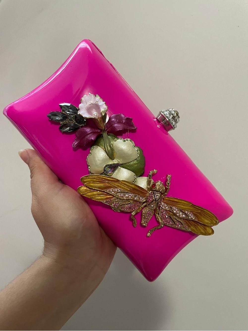 Bright Pink Jeweled Floral & Dragonfly Clutch